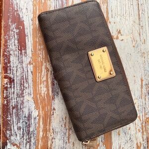 Michael Kors Brown and Gold Monogram Zip Wallet